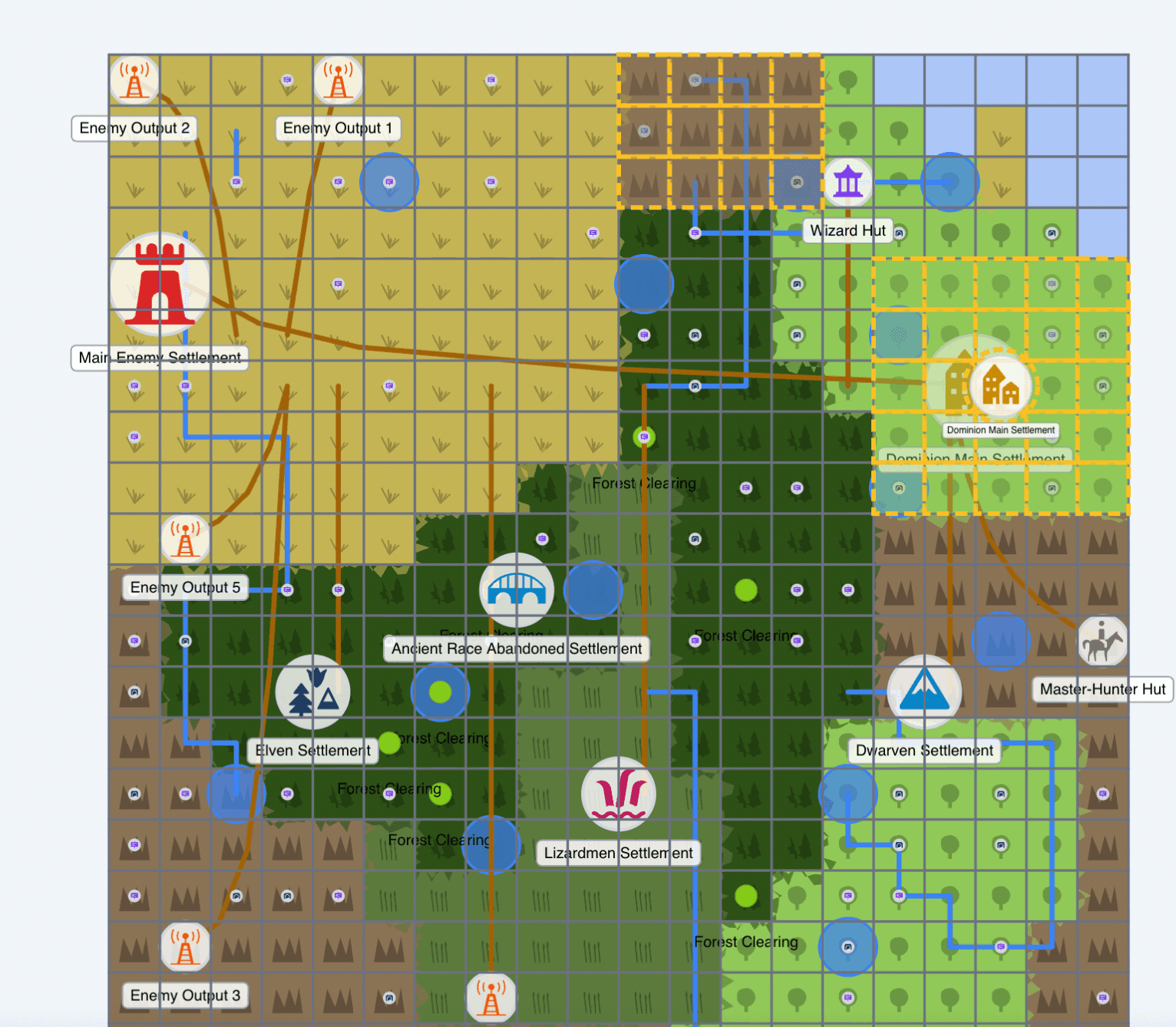 A generated pseudo-map showing biomes, settlements, roads and points of interest