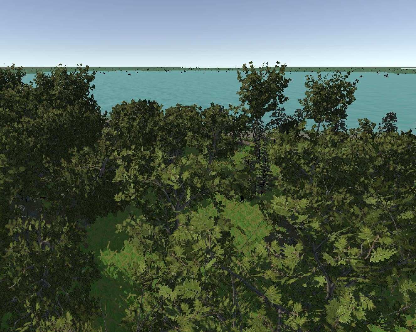 Unity terrain demonstration showing a forest beside water